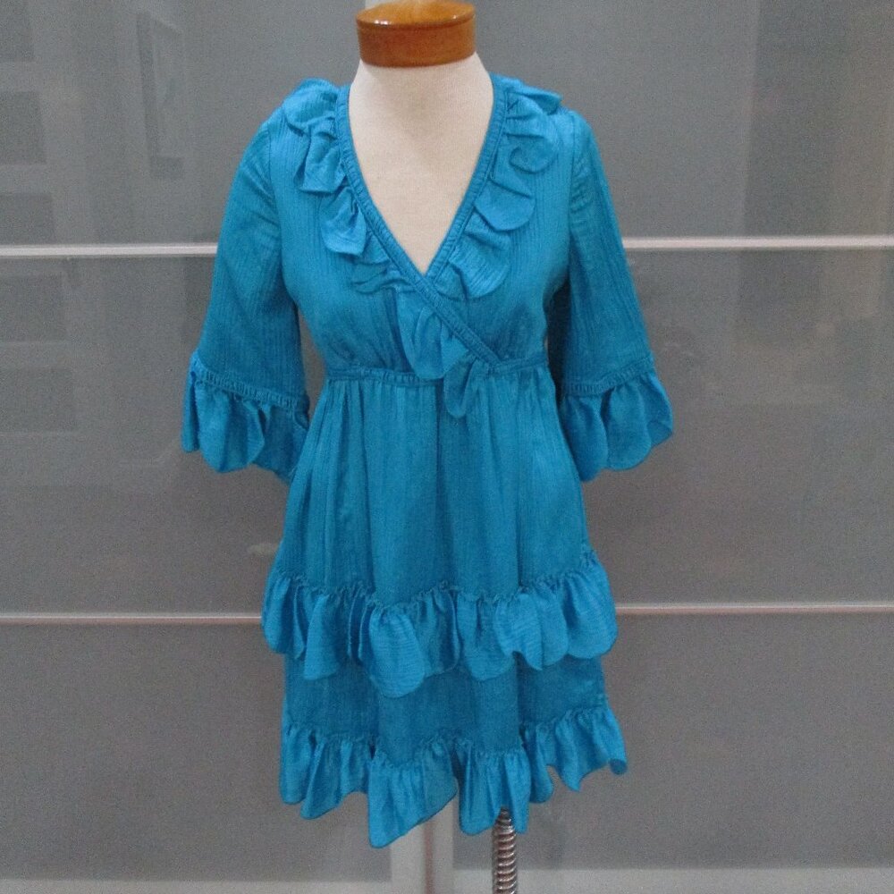 Vintage Betsey Johnson Y2K Scalloped Hem V-Neck 3/4 Sleeve Dress
